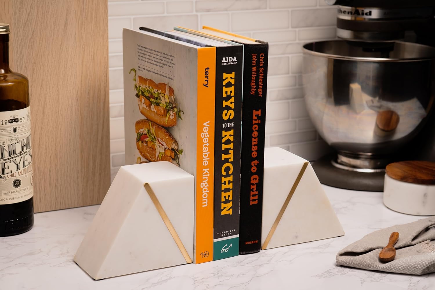 2 Pack White Marble and Gold Cork & Mill Marble Book Ends for Shelves, Decorative Bookends for Heavy Books, Unique Mid Century Modern White and Gold Bookends with Brass Inlay, Heavy Duty Bookshelf Stopper, Set of 2